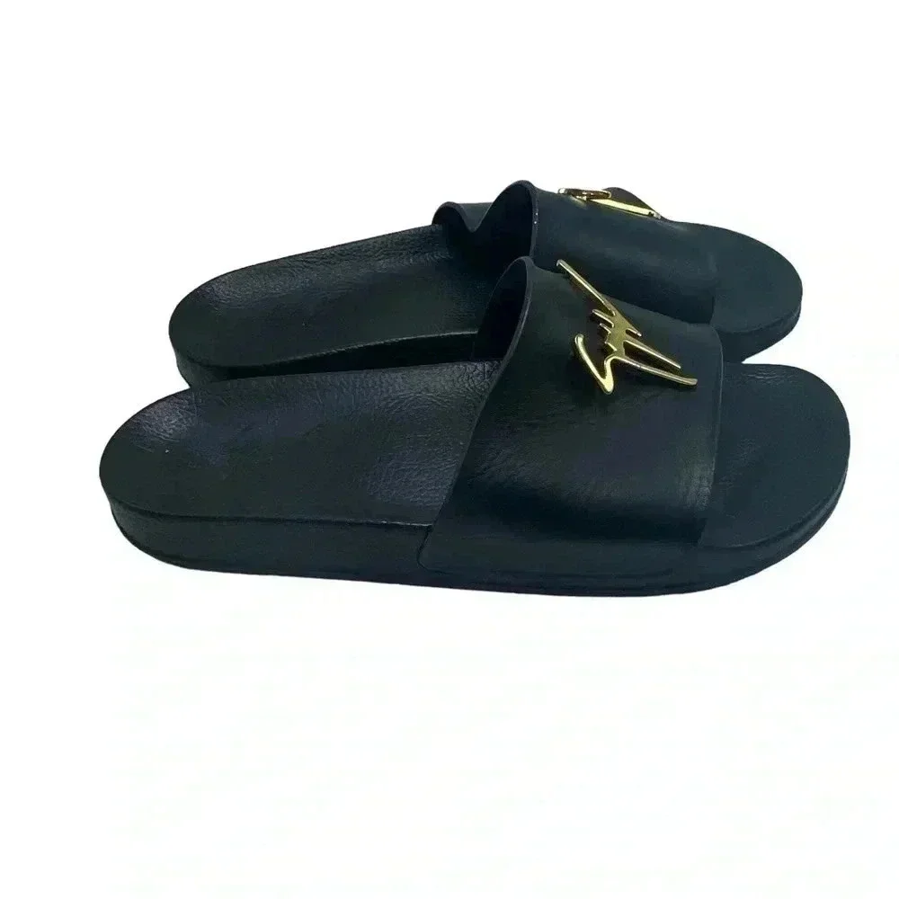 Giuseppe Zanotti Brett black leather Slide Sandal With gold Logo size 42
